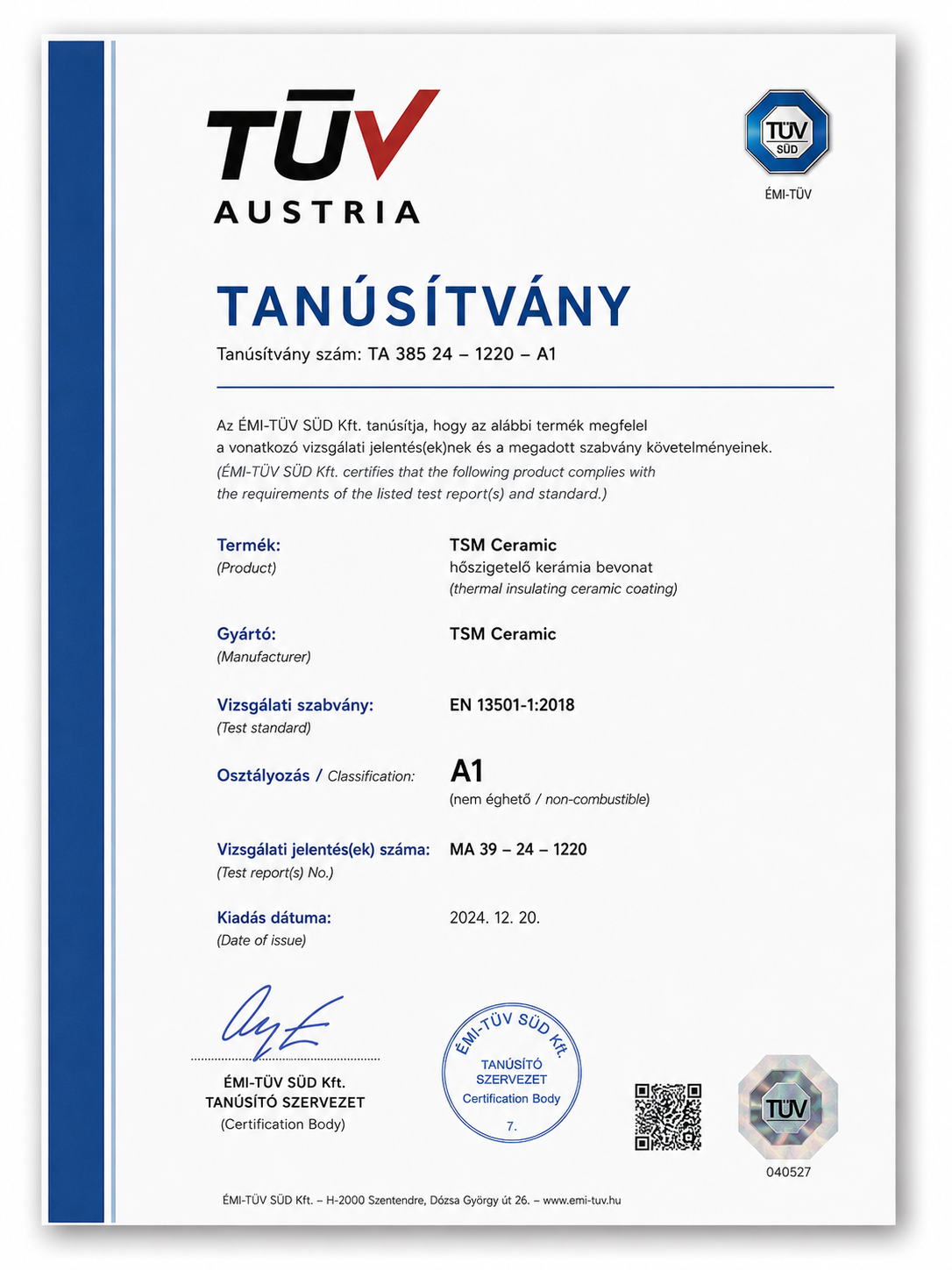 TÜV-SÜD "A1" Nem éghető