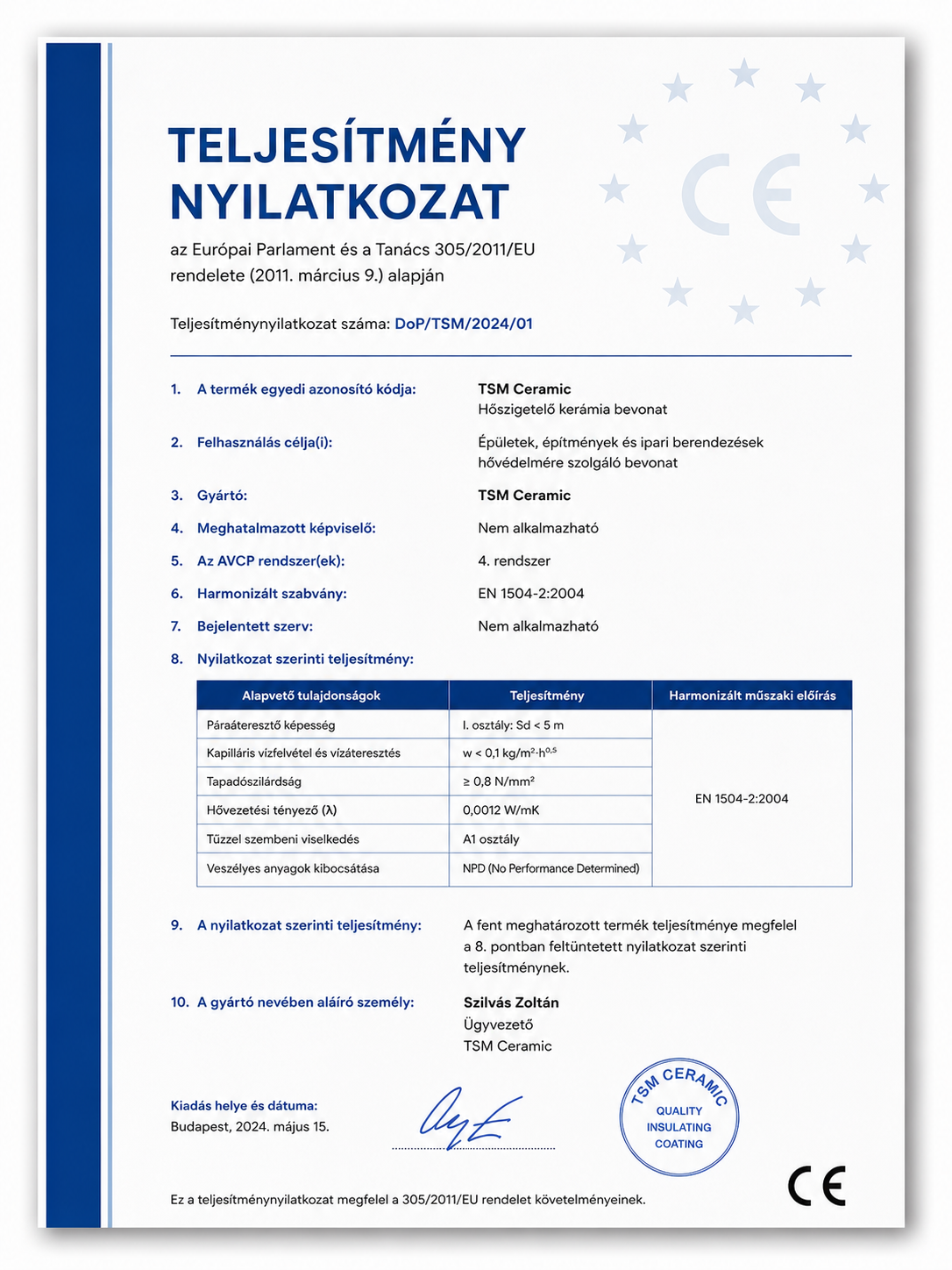 Teljesítmény nyilatkozat